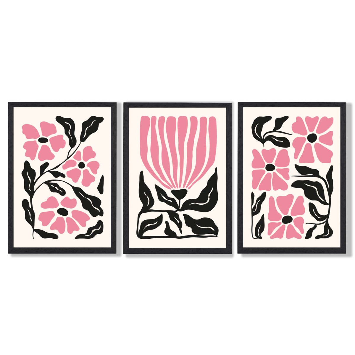 Set of 3 Boho Pink Black Floral Framed Art Prints | Artze Wall Art UK