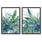 Green Tropical Leaves Watercolour Set of 2 Art Prints with Black Frame