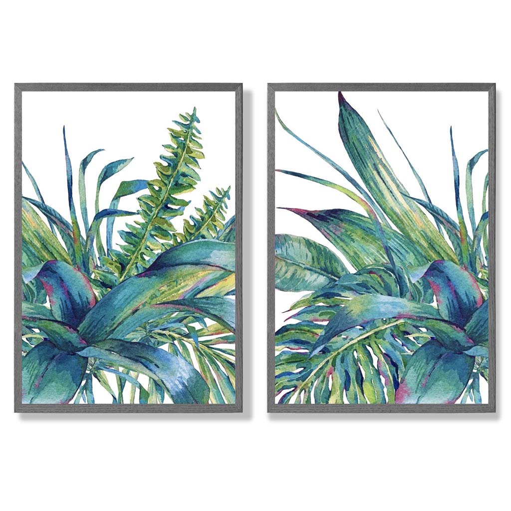 Green Tropical Leaves Watercolour Set of 2 Art Prints with Dark Grey Frame