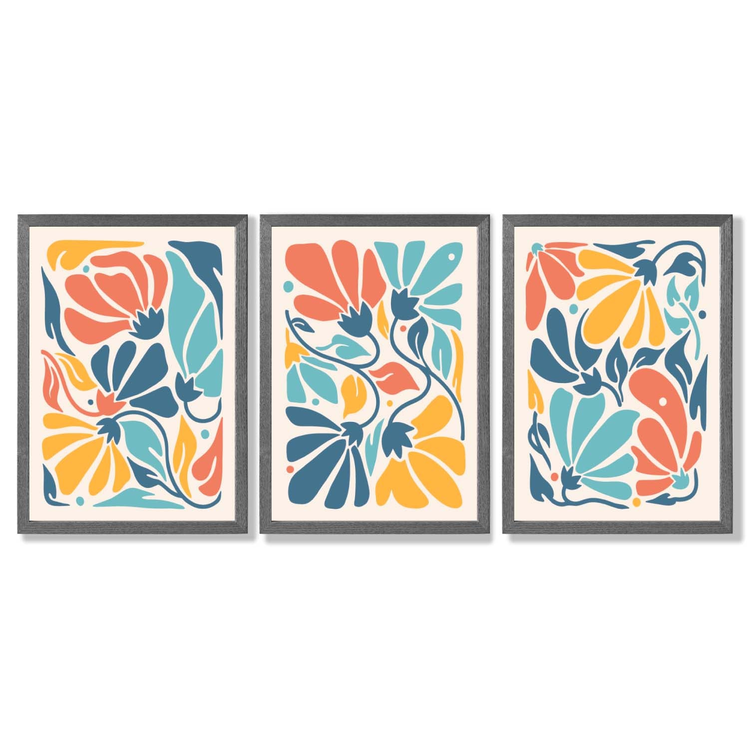 Set of 3 Colourful Floral Framed Art Prints with Dark Grey Wooden Frames
