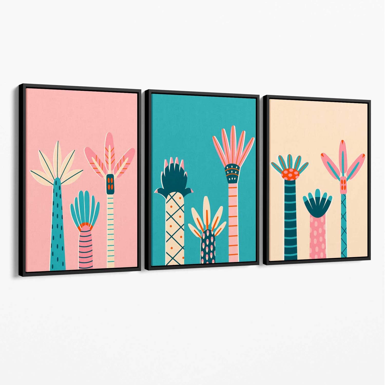 Set of 3 Miami Pink and Teal Palm Trees Canvas Art Prints with Black Float Frame
