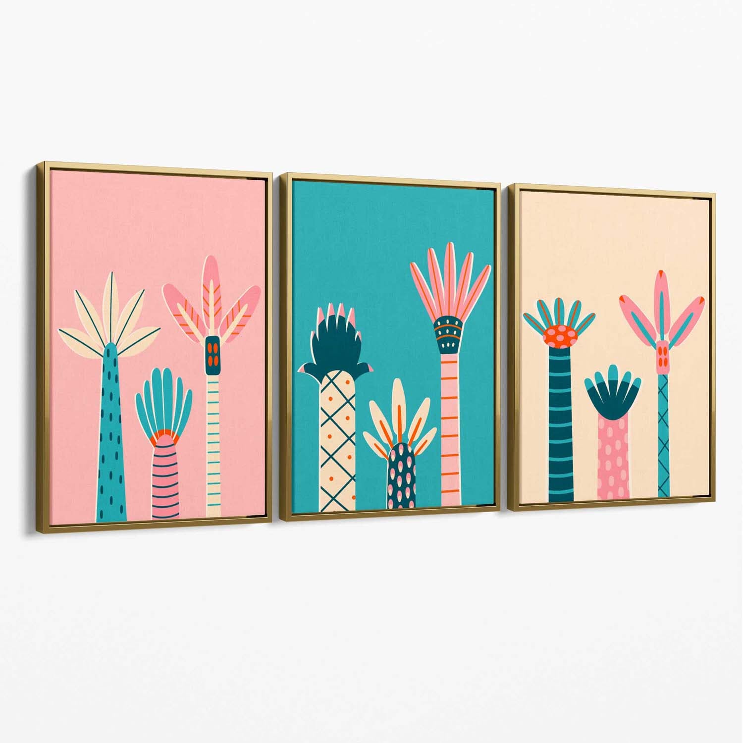 Set of 3 Miami Pink and Teal Palm Trees Canvas Art Prints with Gold Float Frame