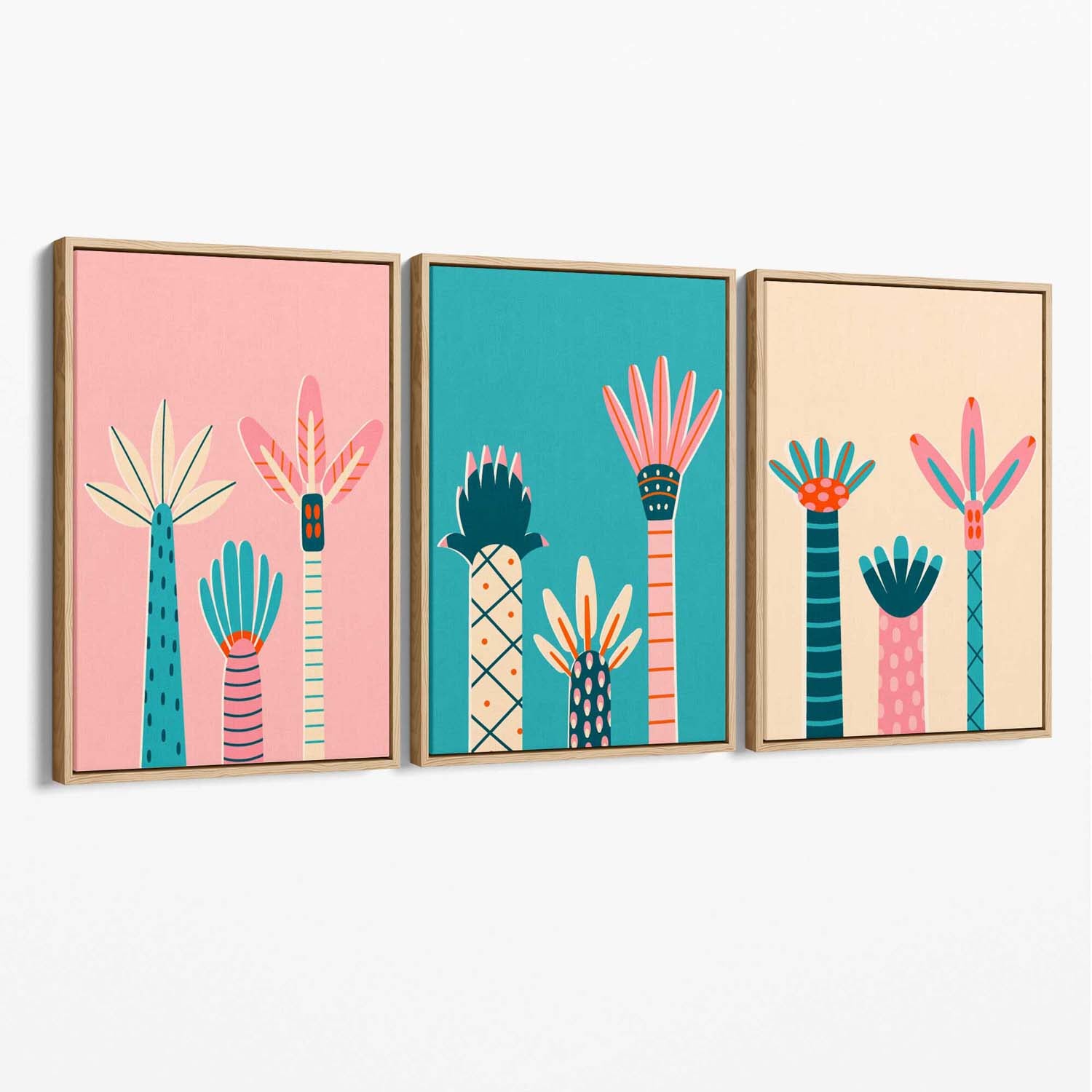 Set of 3 Miami Pink and Teal Palm Trees Canvas Art Prints with Oak Float Frame