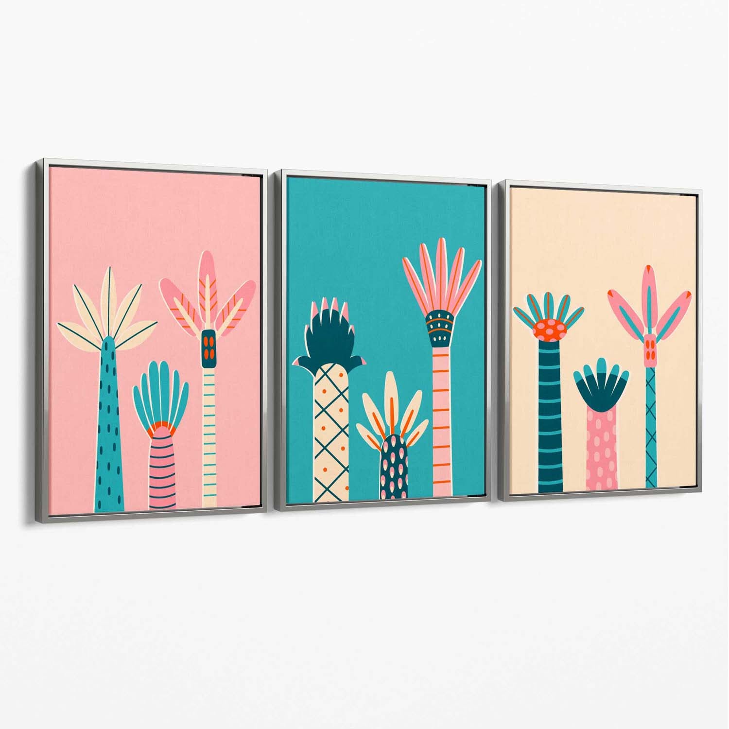 Set of 3 Miami Pink and Teal Palm Trees Canvas Art Prints with Silver Float Frame