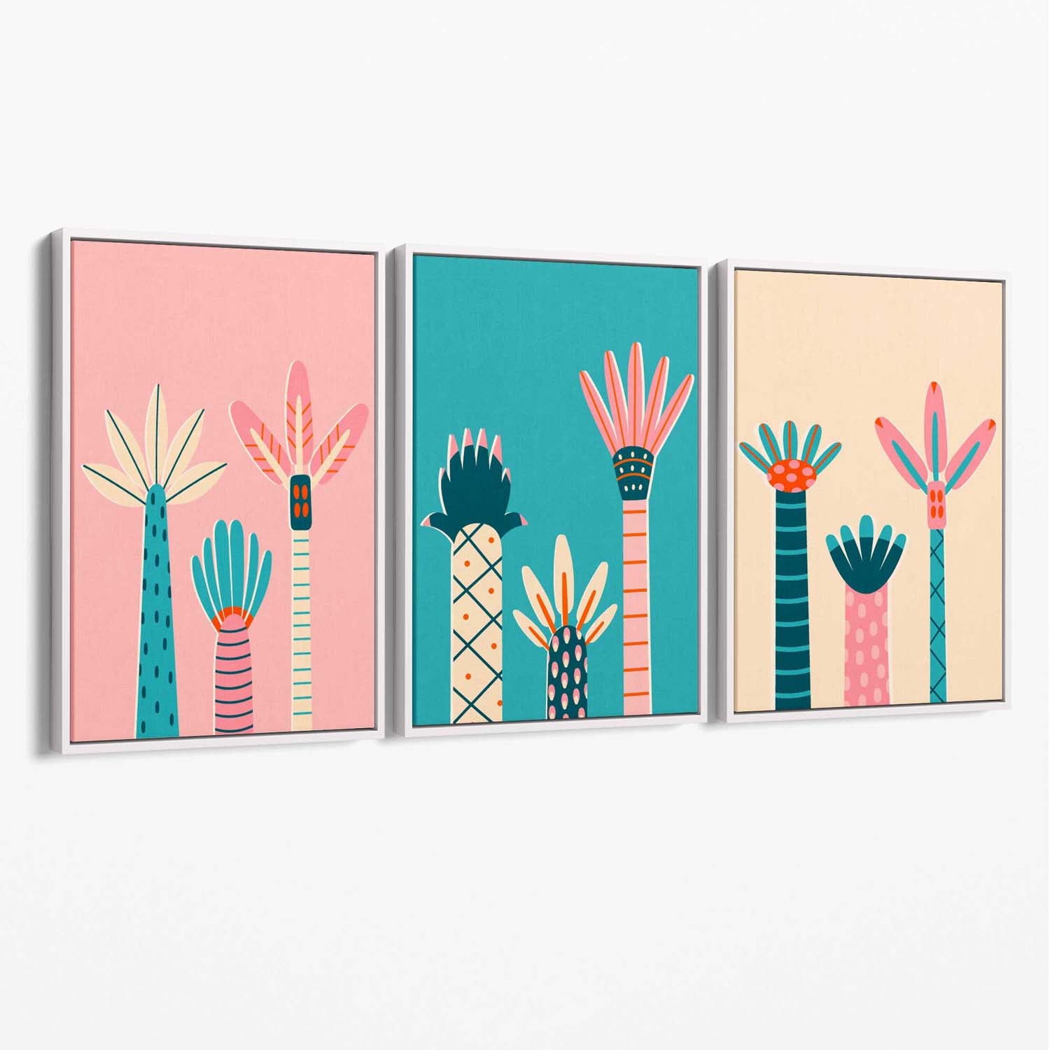 Set of 3 Miami Pink and Teal Palm Trees Canvas Art Prints with White Float Frame