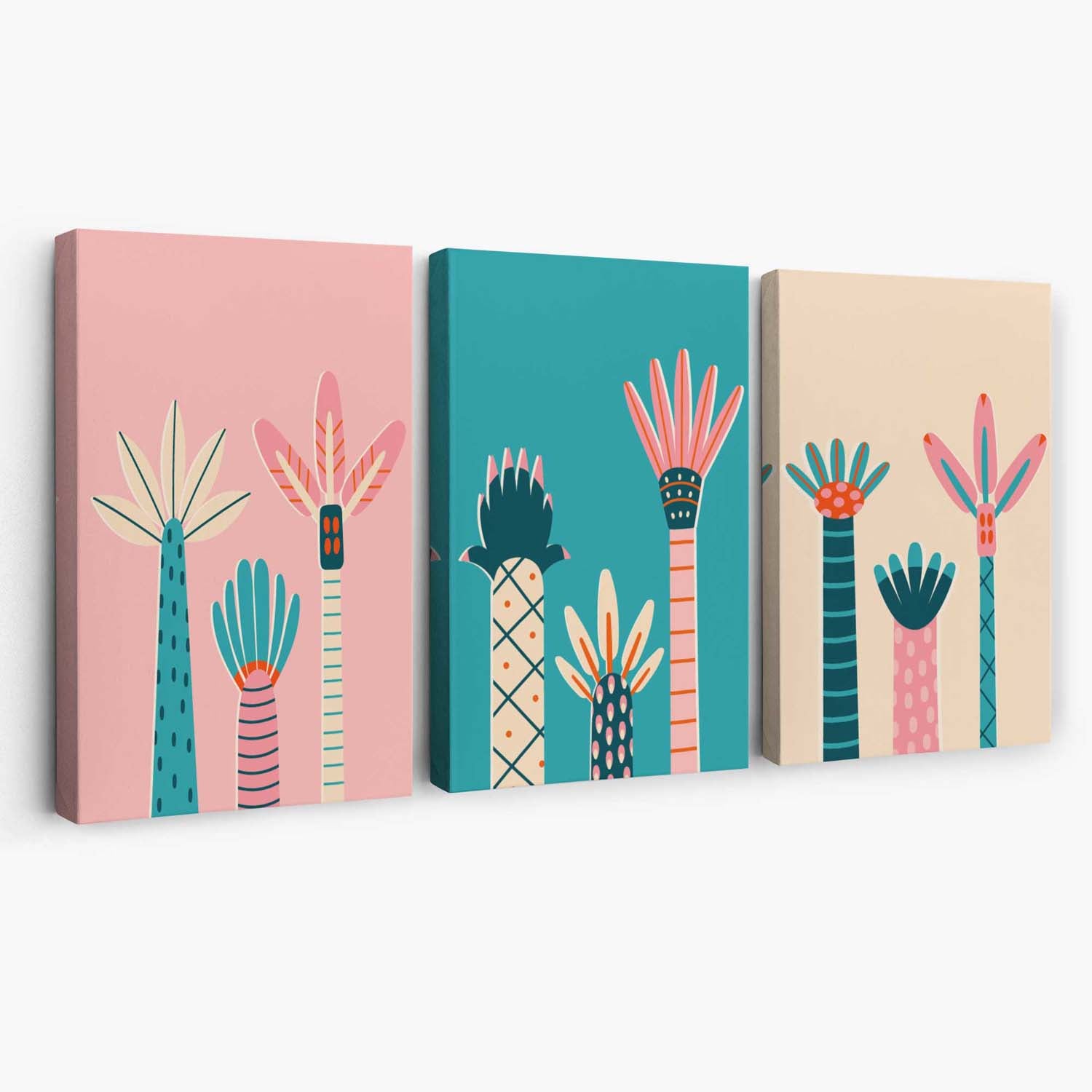 Set of 3 Miami Pink and Teal Palm Trees Canvas Art Prints | Artze Wall Art