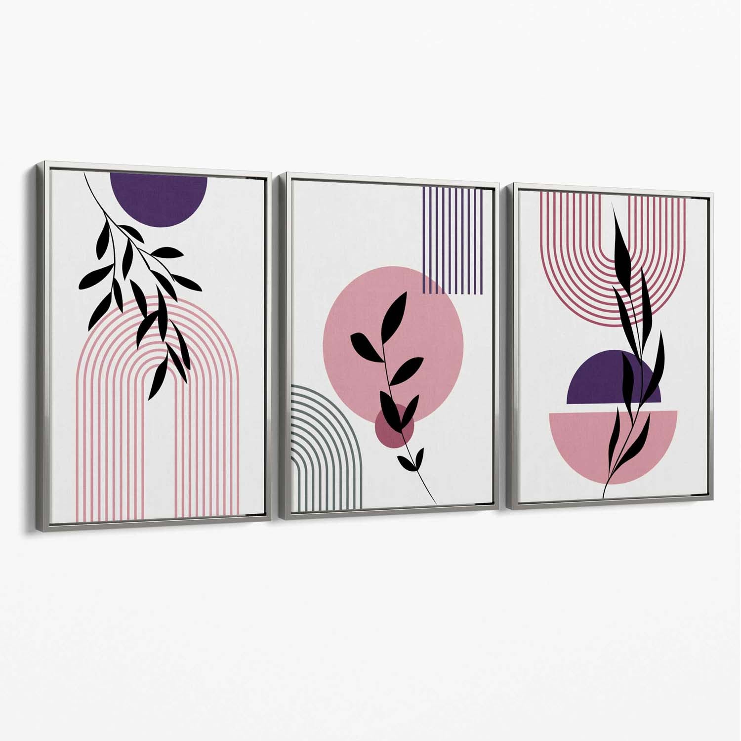Set of 3 Pink and Purple Boho Floral Arches Canvas Art Prints with Silver Float Frame