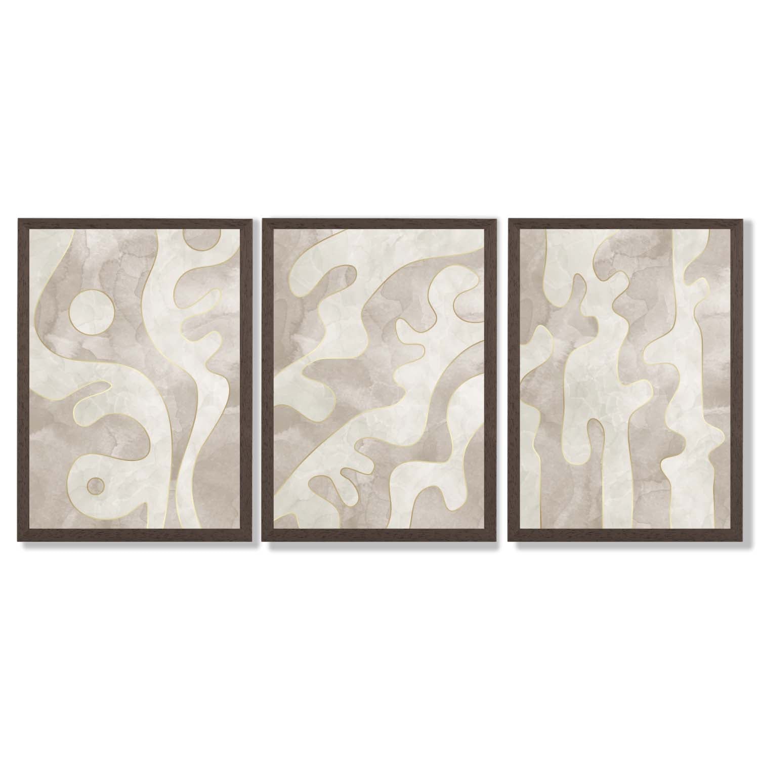 Set of 3 Abstract Neutral Beige Framed Art Prints with Dark Wood Frames
