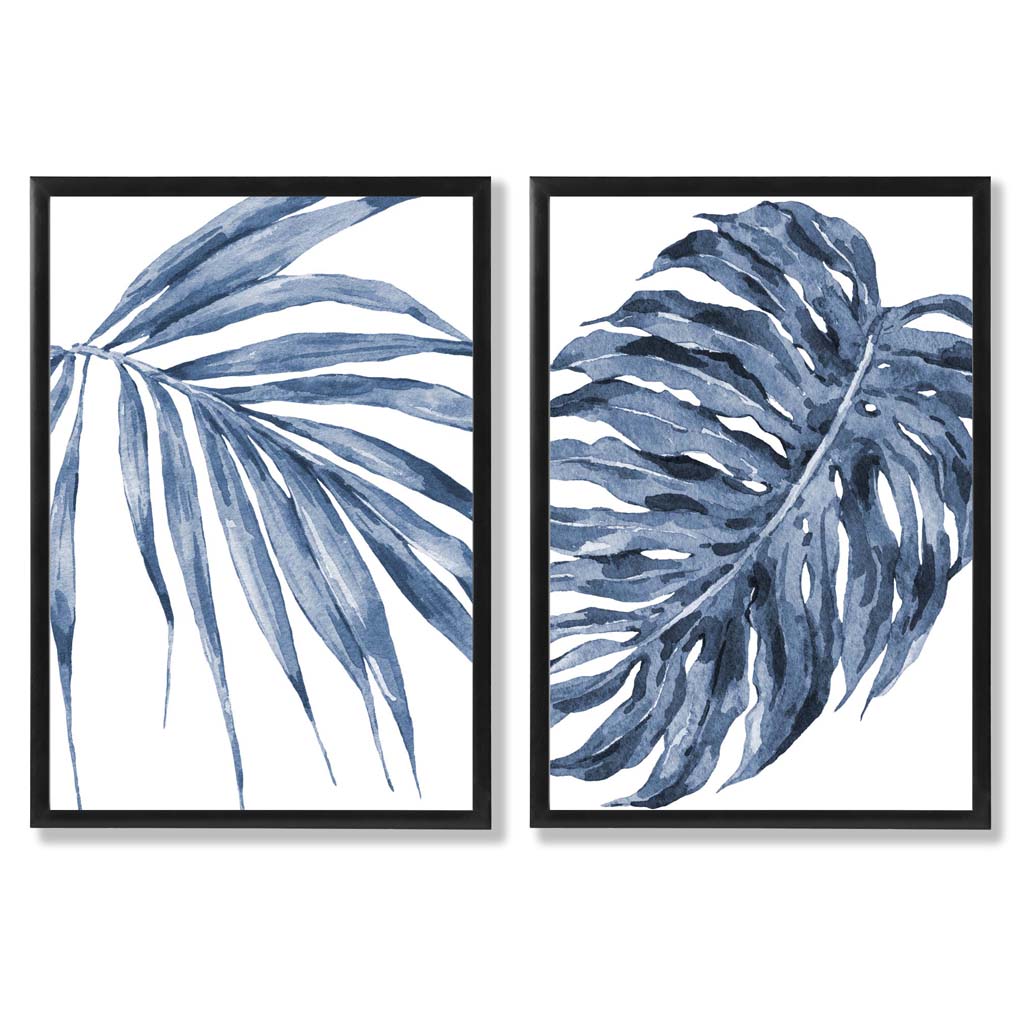 Blue Monstera Papyrus Watercolour Set of 2 Art Prints with Black Frame