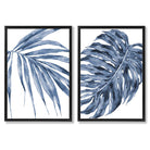 Blue Monstera Papyrus Watercolour Set of 2 Art Prints with Black Frame