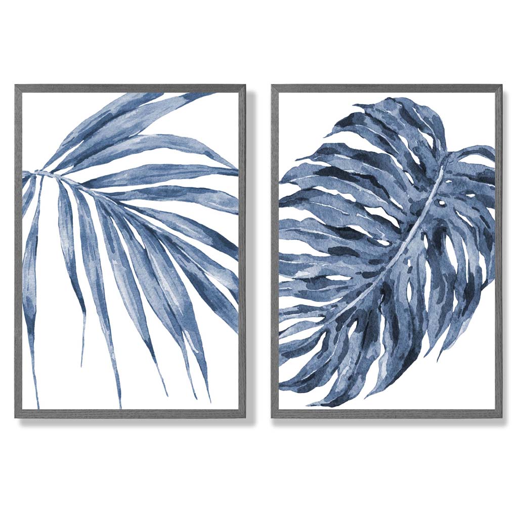 Blue Monstera Papyrus Watercolour Set of 2 Art Prints with Dark Grey Frame