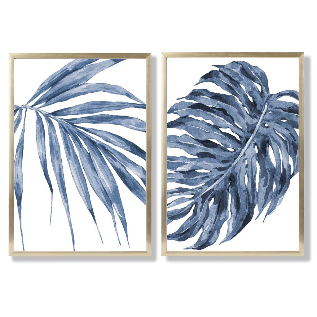 Blue Monstera Papyrus Watercolour Set of 2 Art Prints with Gold Frame