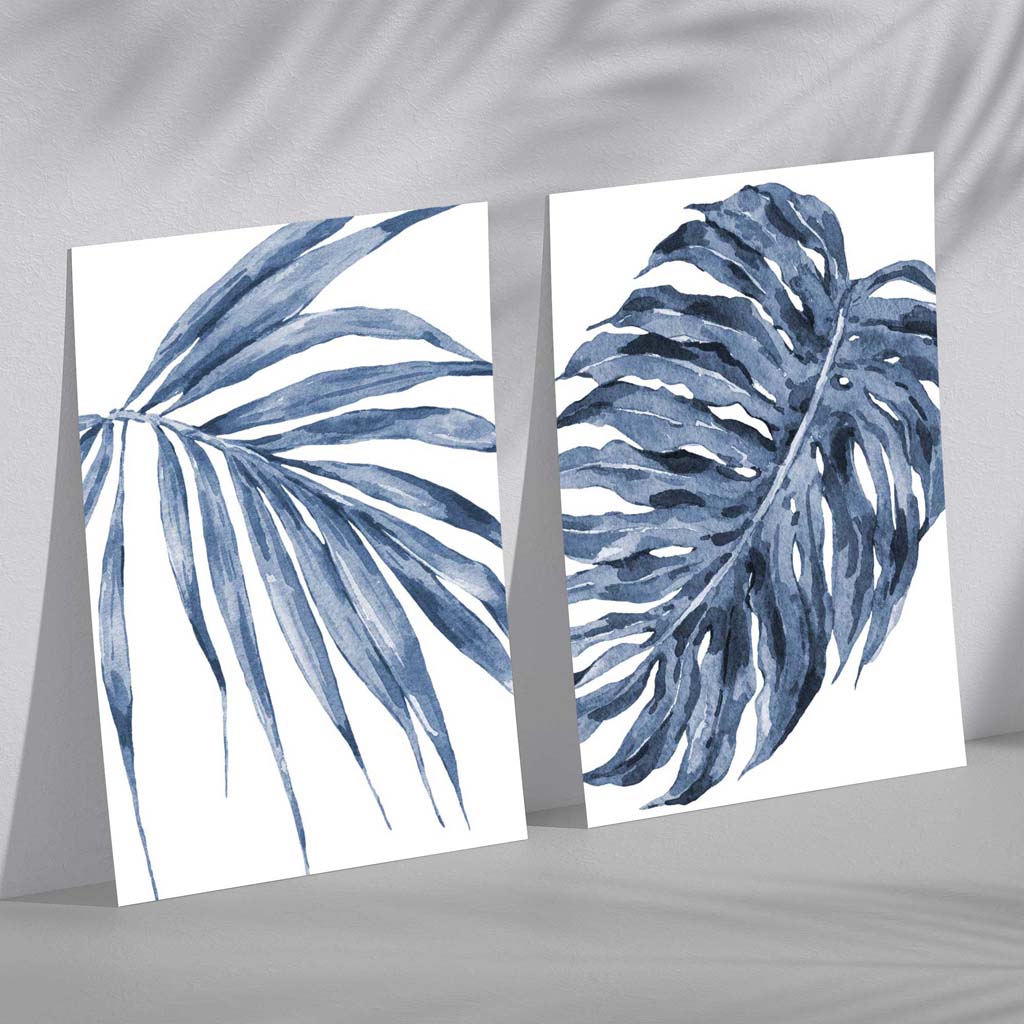 Blue Monstera Papyrus Watercolour Set of 2 Art Prints