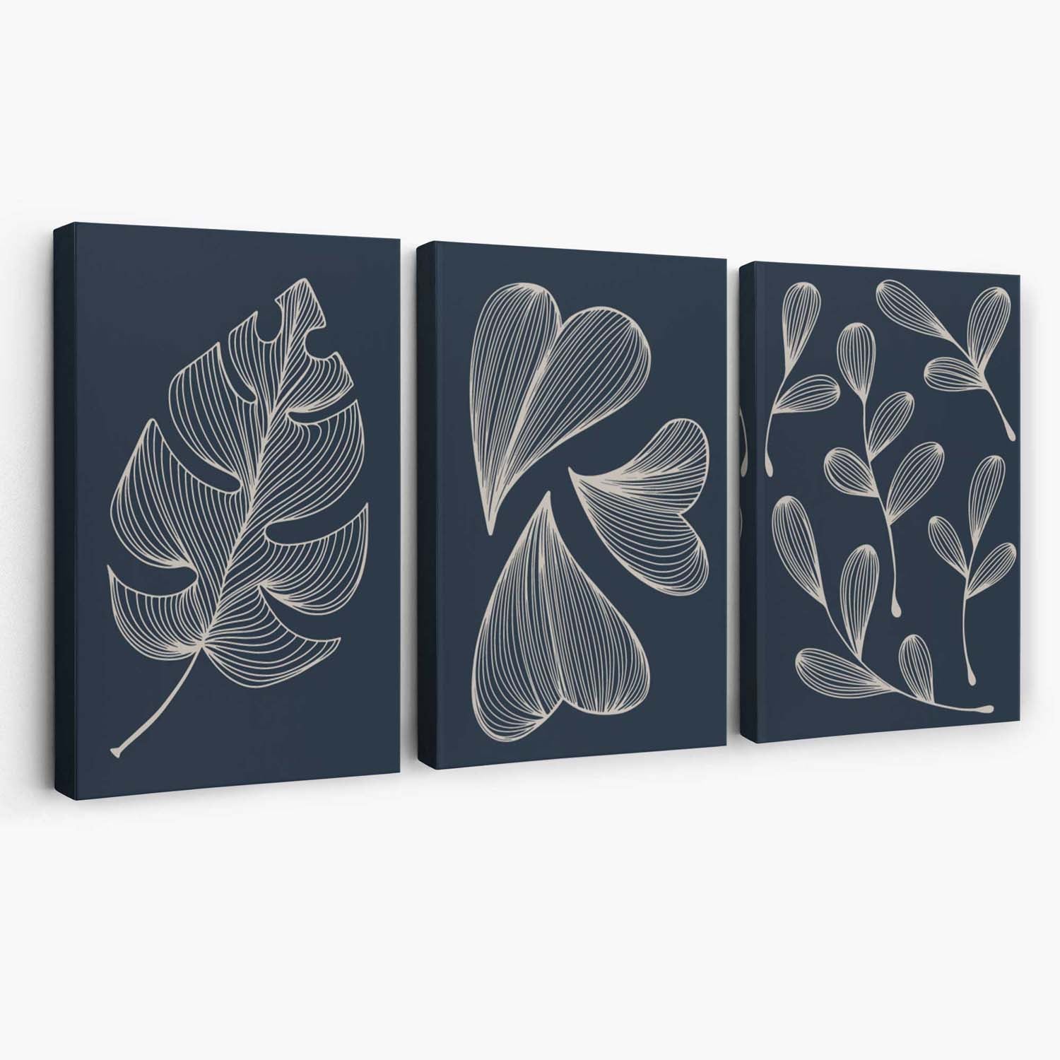 Set of 3 Dark Blue Minimal Sketch Leaves Canvas Art Prints | Artze Wall Art