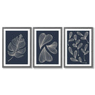 Set of 3 Dark Blue Minimal Sketch Leaves  Framed Art Prints with Dark Grey Wooden Frames