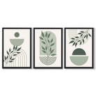 Set of 3 Boho Green and Beige Floral Framed Art Prints with Black Wooden Frames