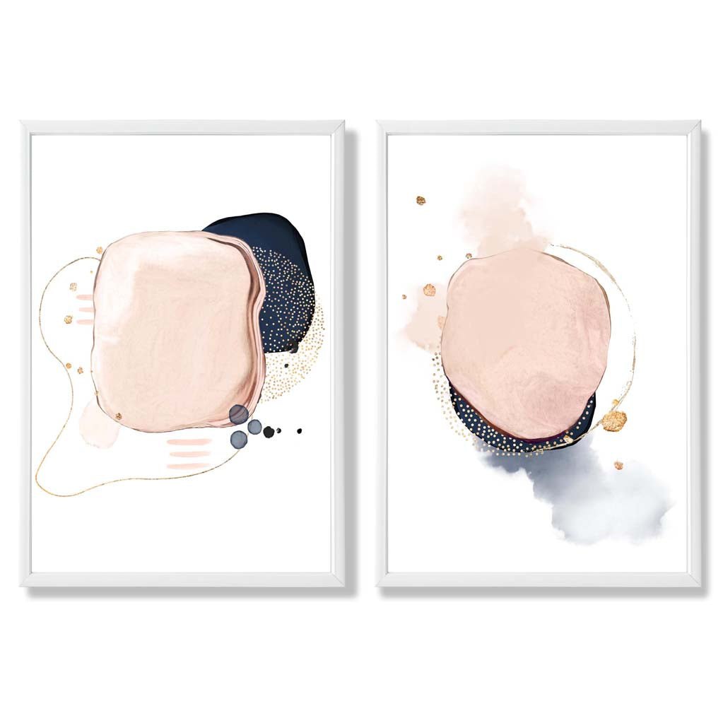 Pink and Blue Abstract Shapes Set of 2 Art Prints with White Frame