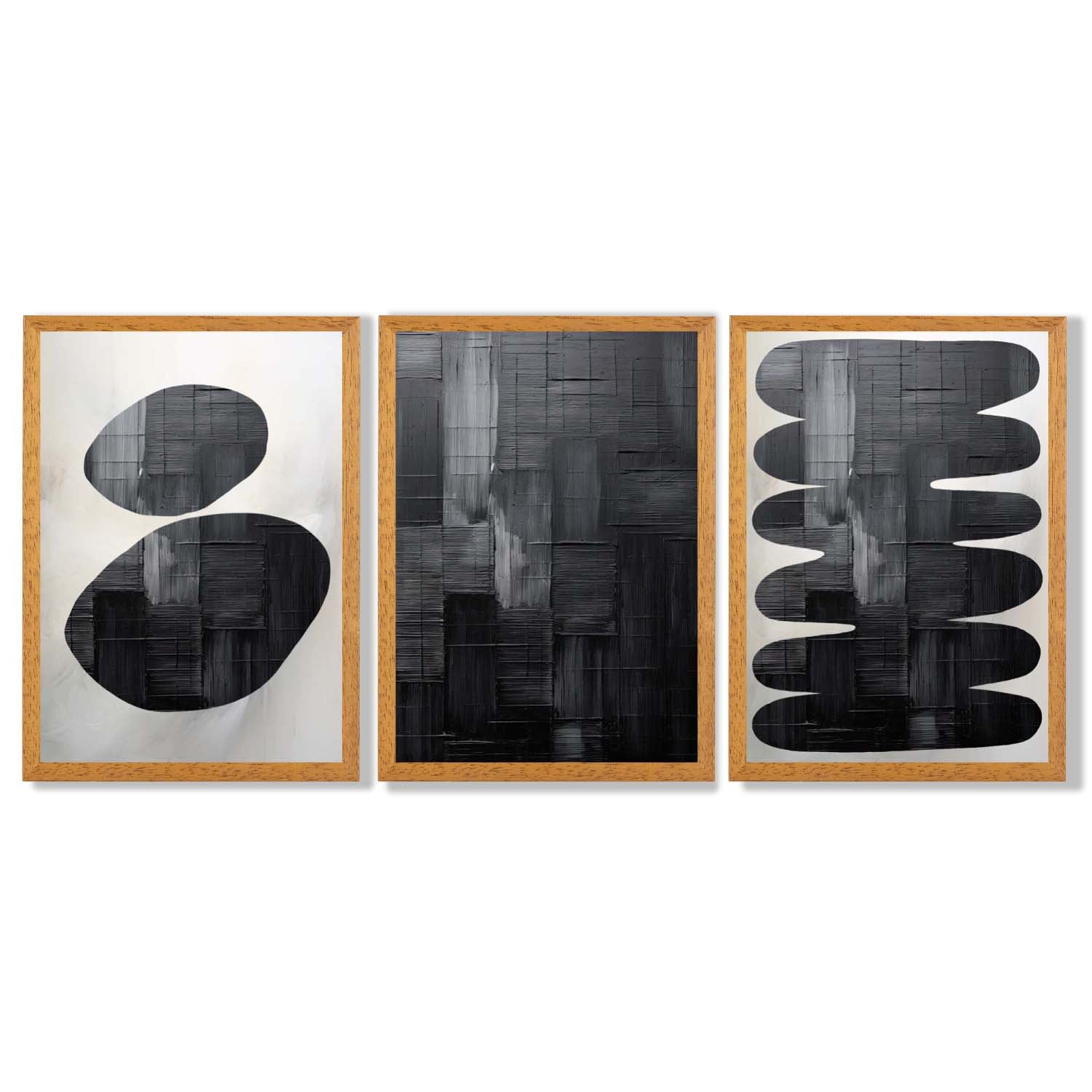 Set of 3 Abstract Black and Grey Zen Stones Framed Art Prints with Oak Wooden Frames