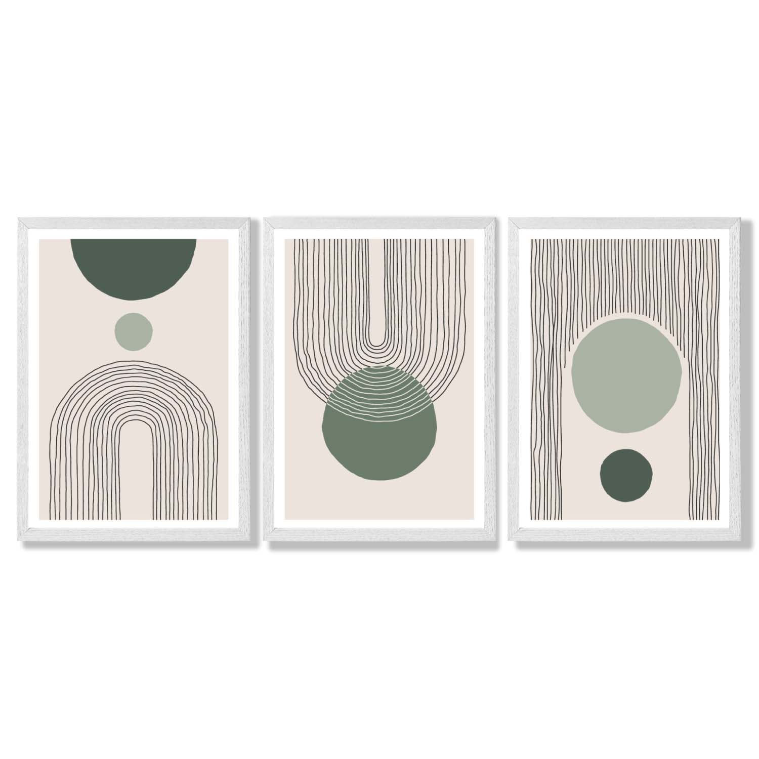 Set of 3 Boho Green and Beige Sketch Rainbows Framed Art Prints with White Wooden Frames