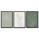 Set of 3 Sketch Flowers in Green Tones Framed Art Prints with Black Wooden Frames