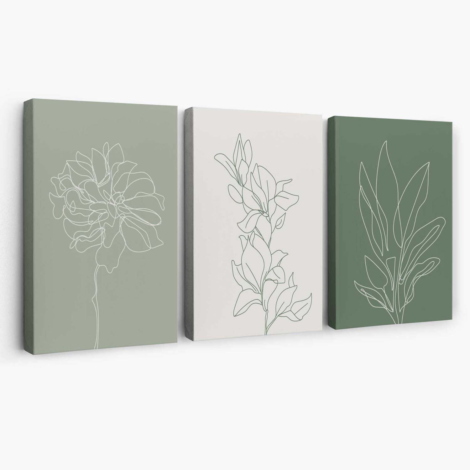 Set of 3 Sketch Flowers in Green Tones Canvas Art Prints | Artze Wall Art