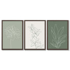 Set of 3 Sketch Flowers in Green Tones Framed Art Prints with Dark Wood Frames