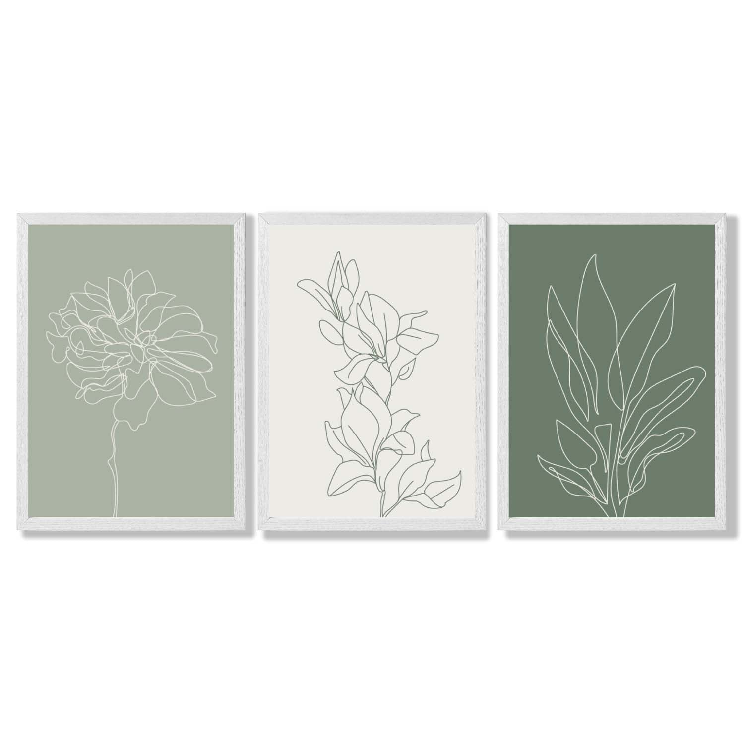 Set of 3 Sketch Flowers in Green Tones Framed Art Prints with White Wooden Frames
