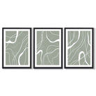 Set of 3 Abstract Green and White Strokes Framed Art Prints with Black Wooden Frames