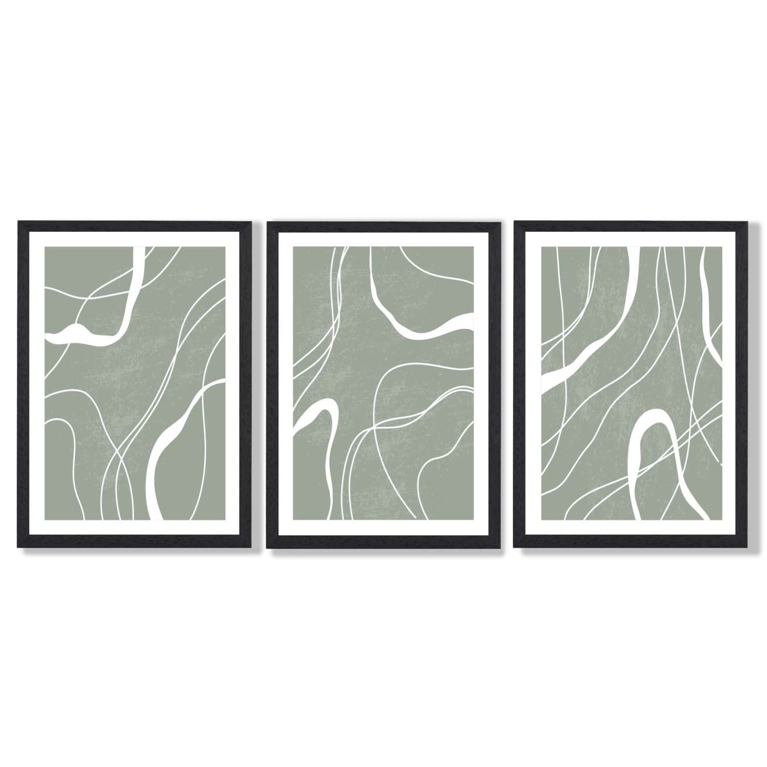 Set of 3 Abstract Green and White Strokes Framed Art Prints with Black Wooden Frames
