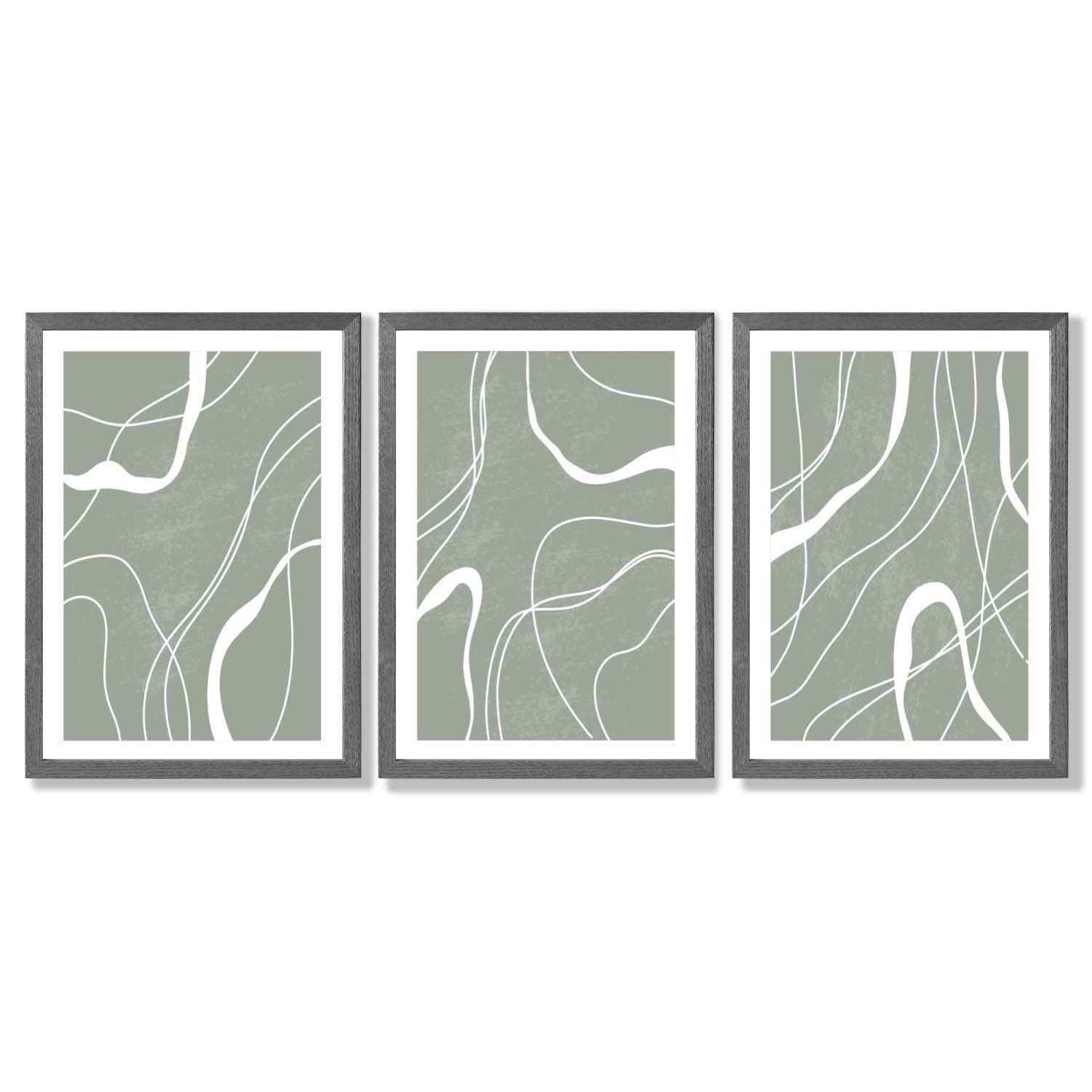 Set of 3 Abstract Green and White Strokes Framed Art Prints with Dark Grey Wooden Frames
