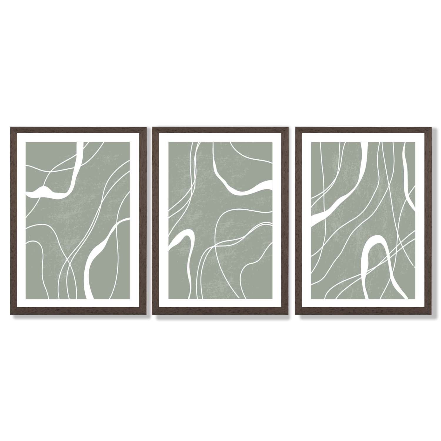 Set of 3 Abstract Green and White Strokes Framed Art Prints with Dark Wood Frames