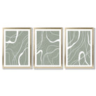 Set of 3 Abstract Green and White Strokes Framed Art Prints with Gold Wood Frames