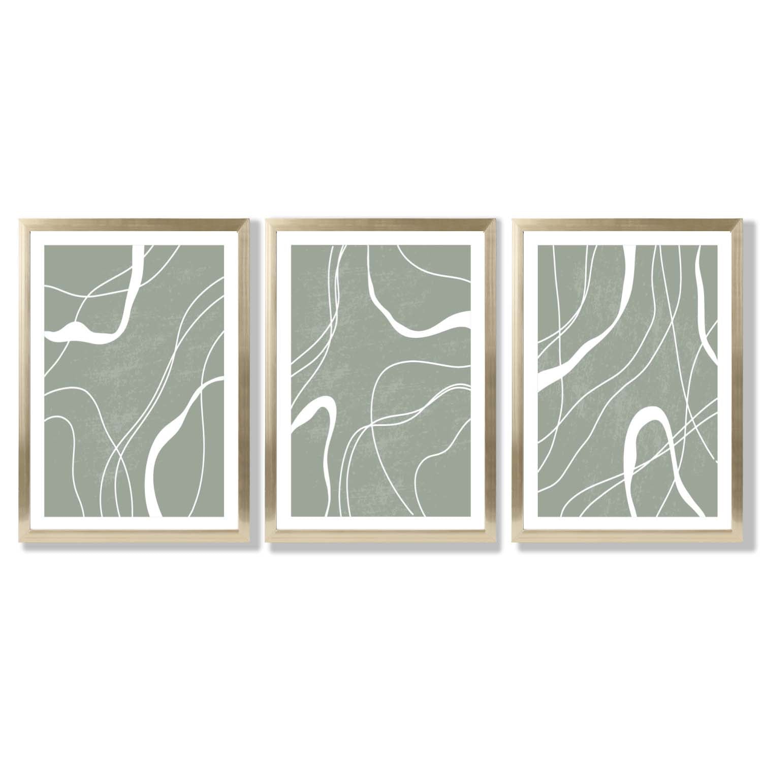 Set of 3 Abstract Green and White Strokes Framed Art Prints with Gold Wood Frames