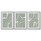 Set of 3 Abstract Green and White Strokes Framed Art Prints with Light Grey Wooden Frames