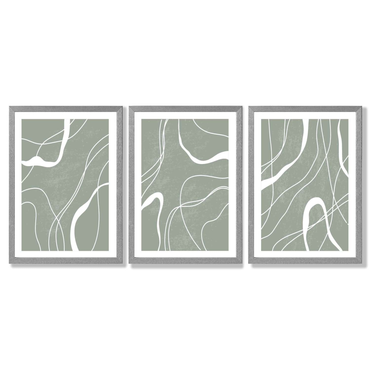 Set of 3 Abstract Green and White Strokes Framed Art Prints with Light Grey Wooden Frames