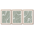 Set of 3 Abstract Green and White Strokes Framed Art Prints with Light Oak Frames