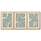 Set of 3 Abstract Green and White Strokes Framed Art Prints with Oak Wooden Frames