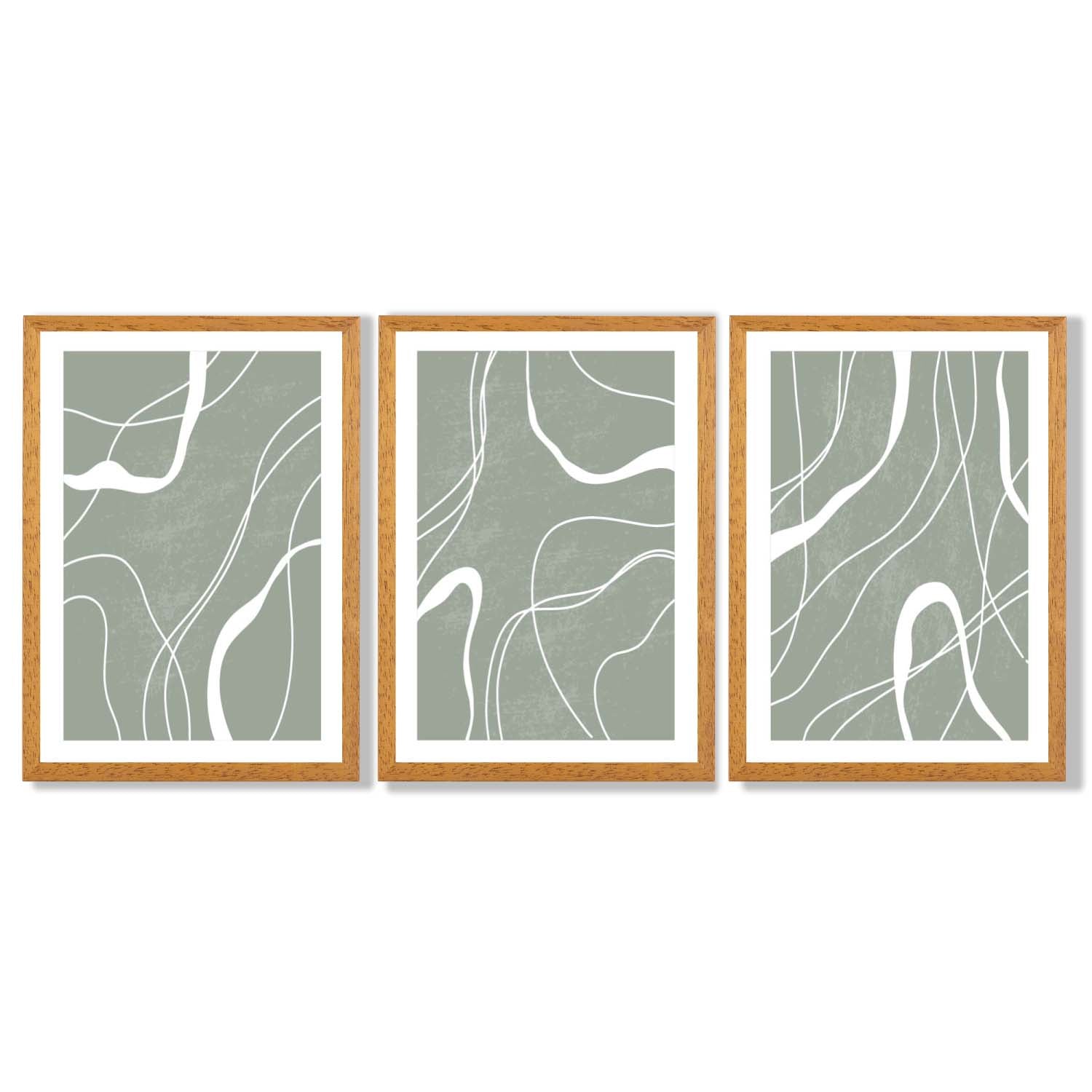 Set of 3 Abstract Green and White Strokes Framed Art Prints with Oak Wooden Frames