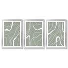 Set of 3 Abstract Green and White Strokes Framed Art Prints with Silver Wood Frames