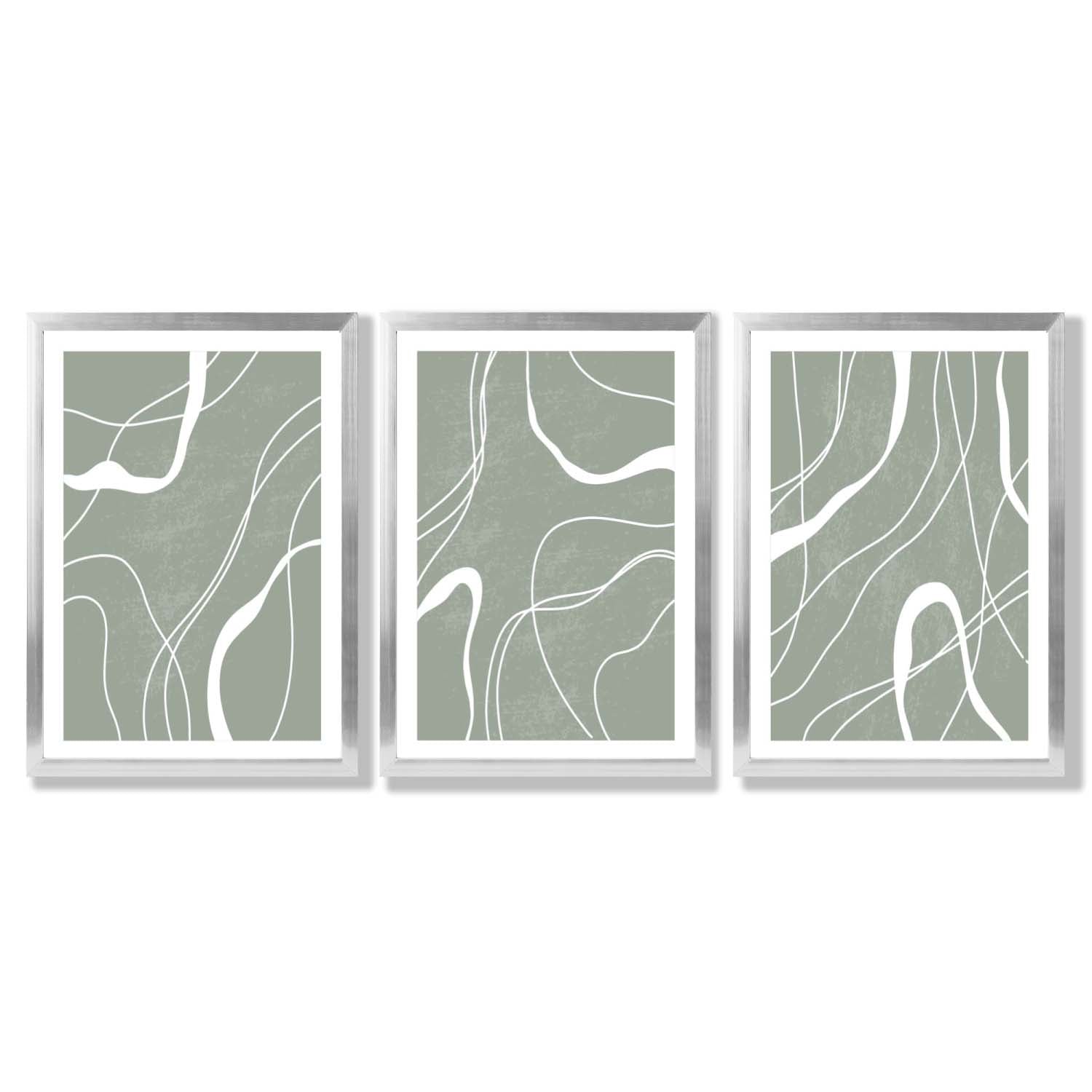 Set of 3 Abstract Green and White Strokes Framed Art Prints with Silver Wood Frames