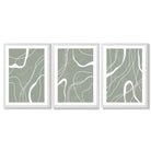 Set of 3 Abstract Green and White Strokes Framed Art Prints with White Wooden Frames