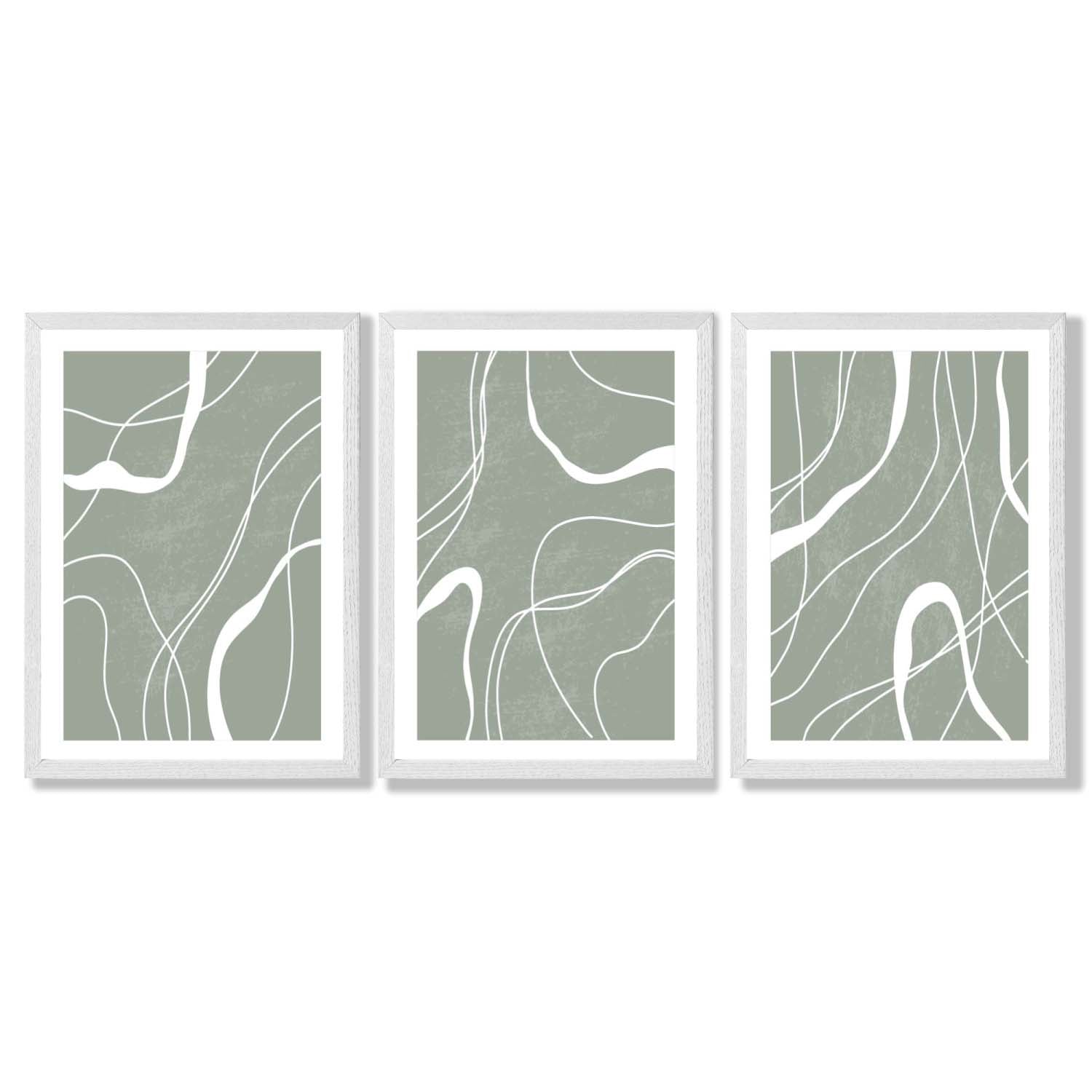 Set of 3 Abstract Green and White Strokes Framed Art Prints with White Wooden Frames
