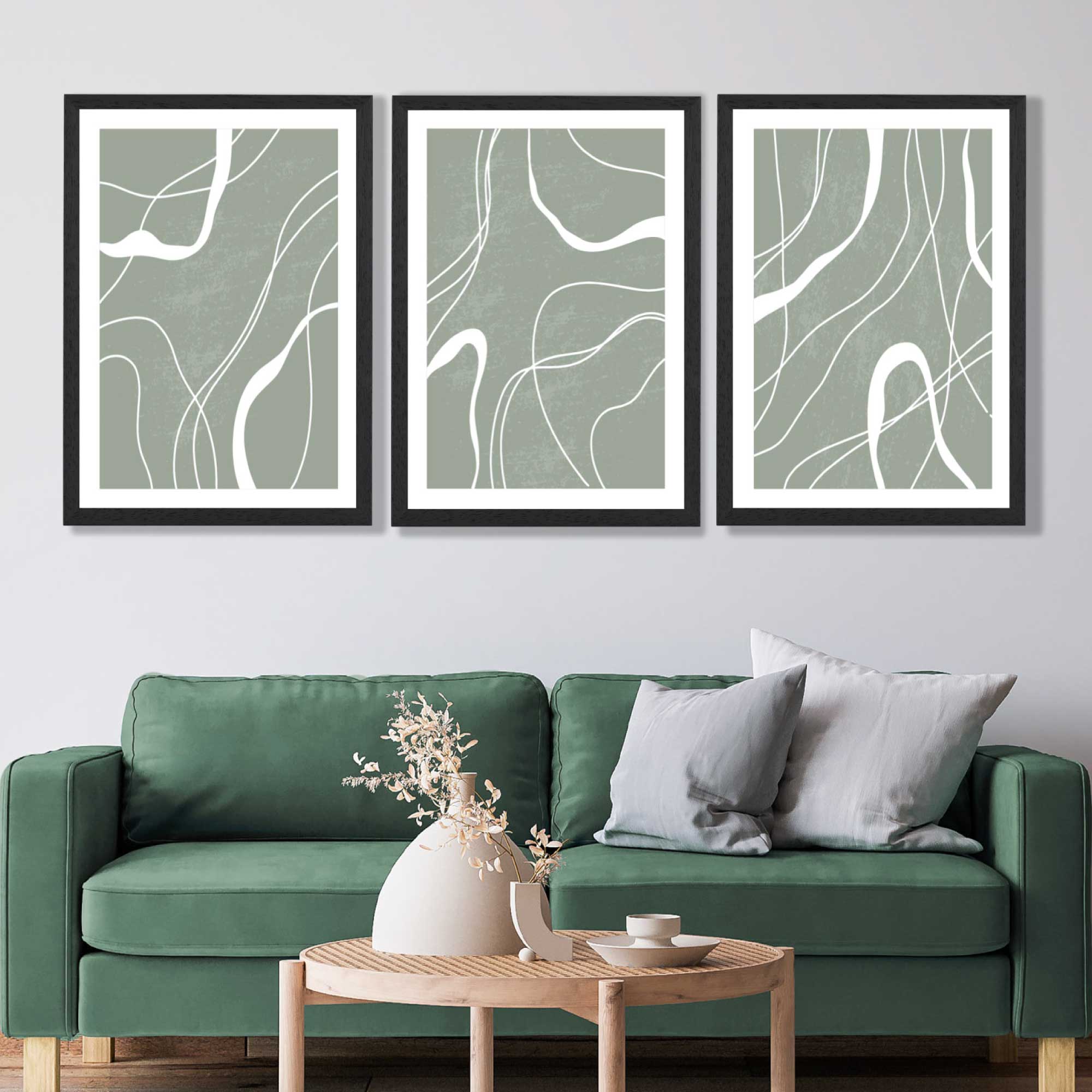 Set of 3 Abstract Green and White Strokes Art Prints in Luxury Frames | Artze UK