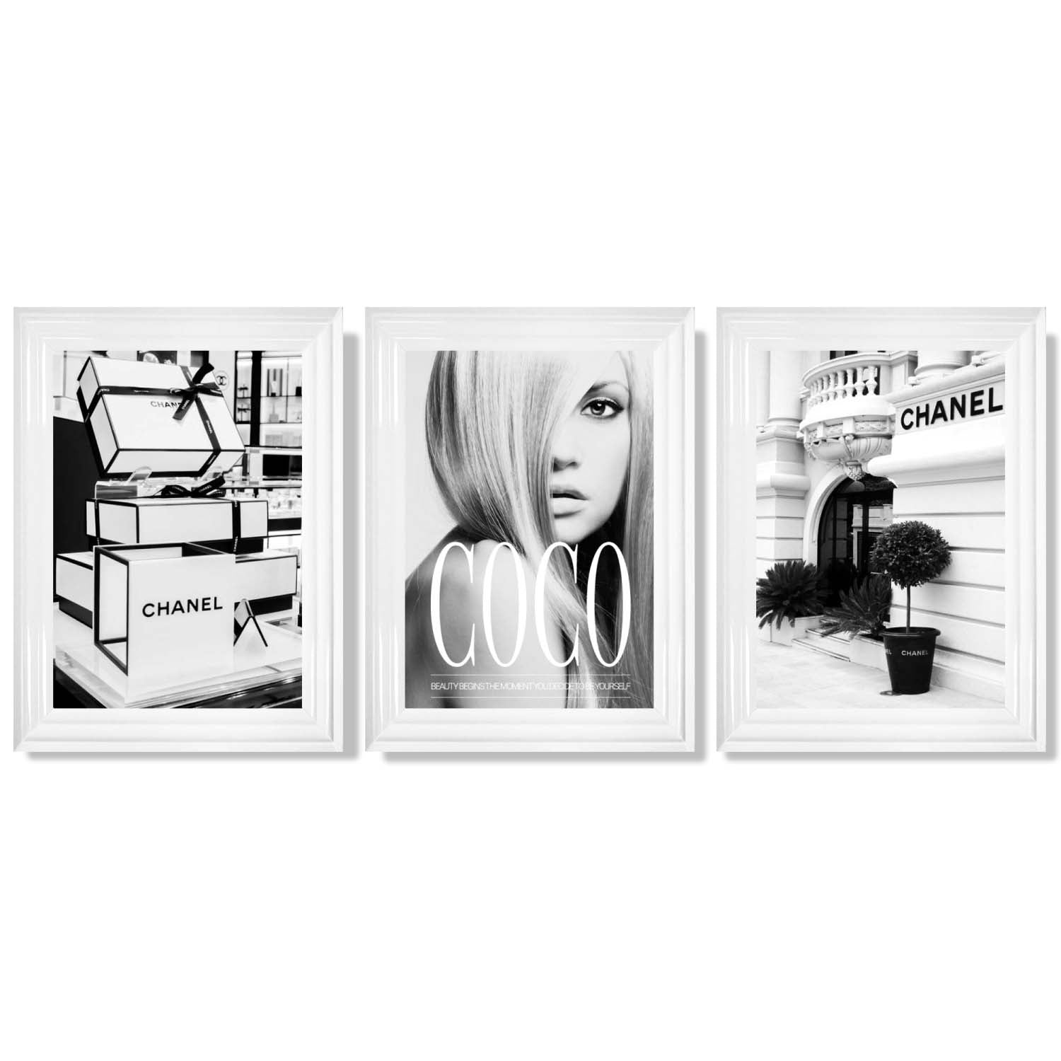 Set of 3 Chanel Quote Fashion Framed Art Prints with Glossy White Frames