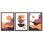 Boho Vibrant Pink Orange Set of 3 Framed Art Prints with Black Wooden Frames
