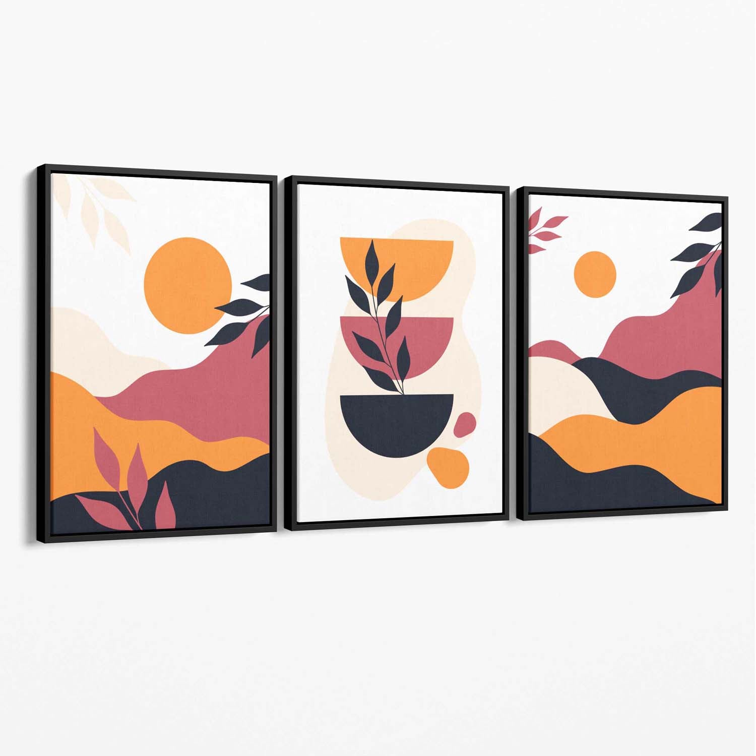Boho Vibrant Pink Orange Set of 3 Canvas Art Prints with Black Float Frame