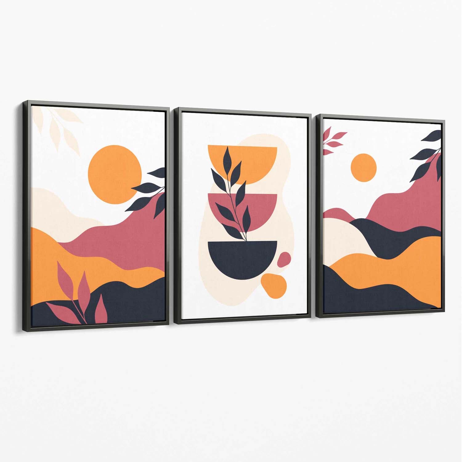 Boho Vibrant Pink Orange Set of 3 Canvas Art Prints with Grey Float Frame