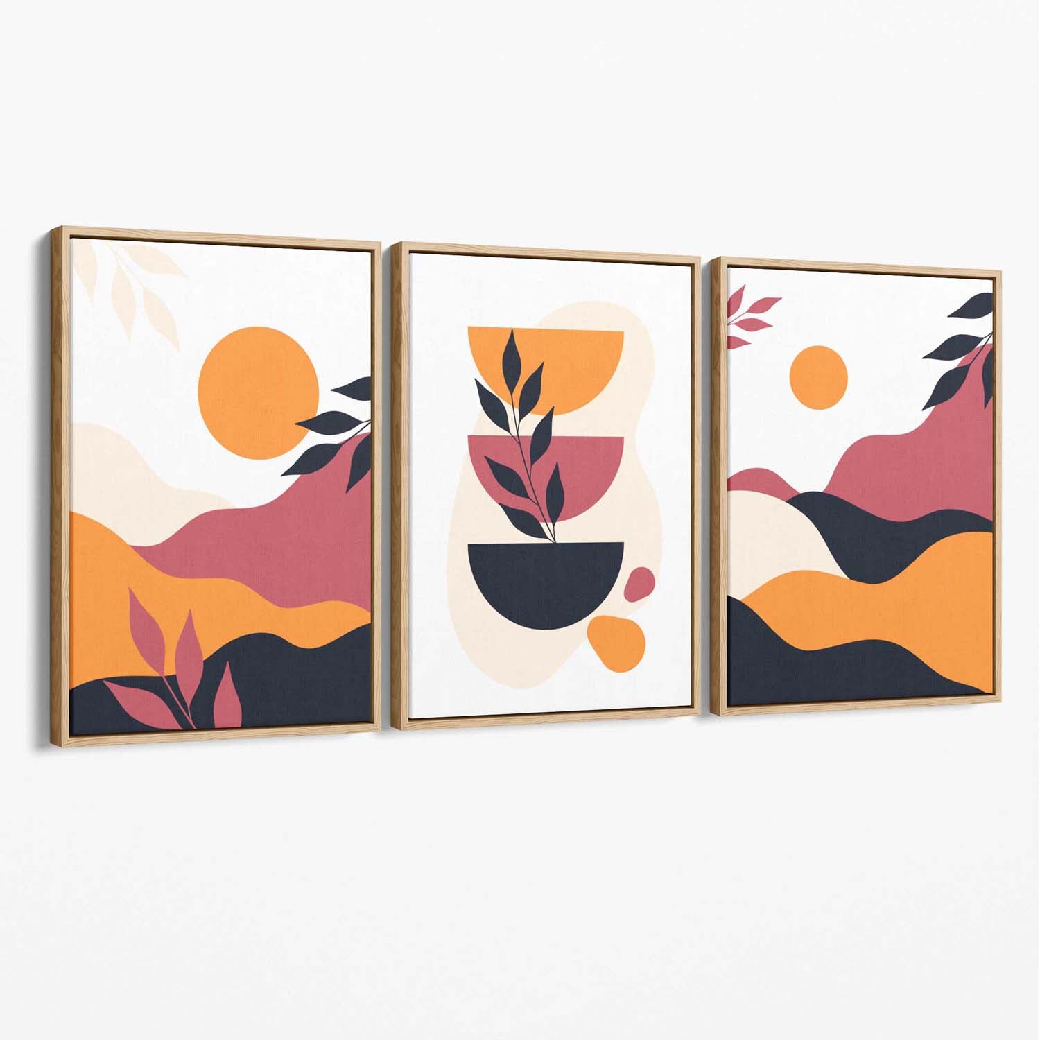 Boho Vibrant Pink Orange Set of 3 Canvas Art Prints with Oak Float Frame