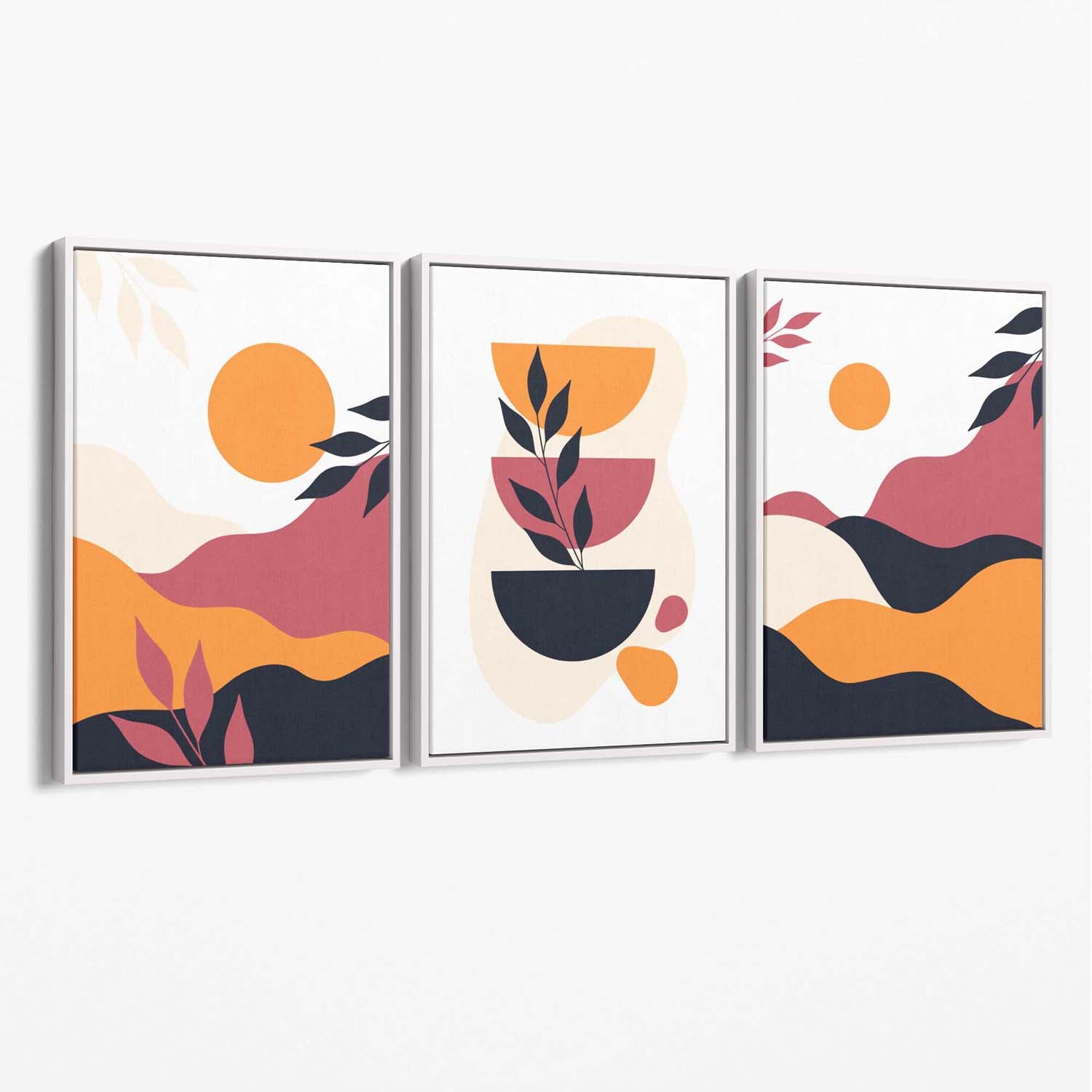 Boho Vibrant Pink Orange Set of 3 Canvas Art Prints with White Float Frame