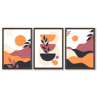 Boho Vibrant Pink Orange Set of 3 Framed Art Prints with Dark Wood Frames